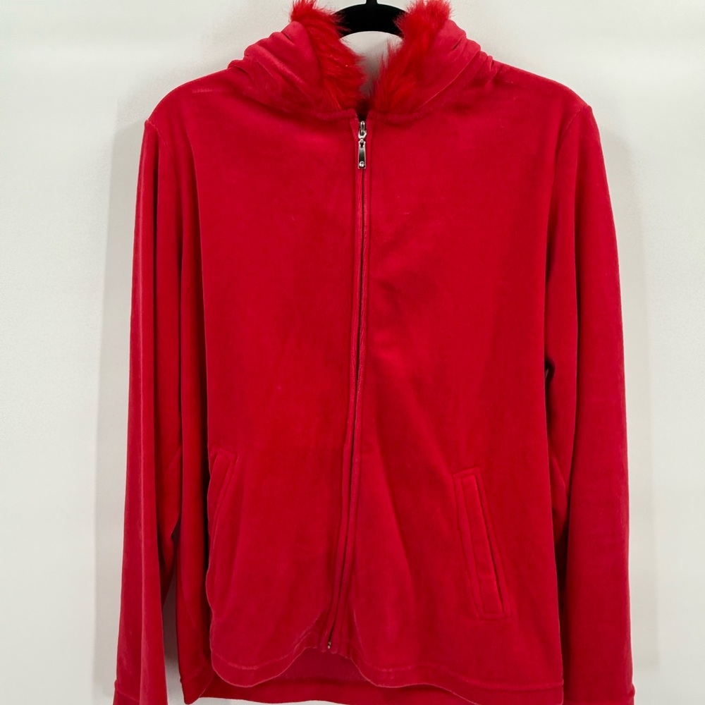 White Stag Red Velour Zip Up Hoodie w/ Faux Fur Trim Hood - Size Large